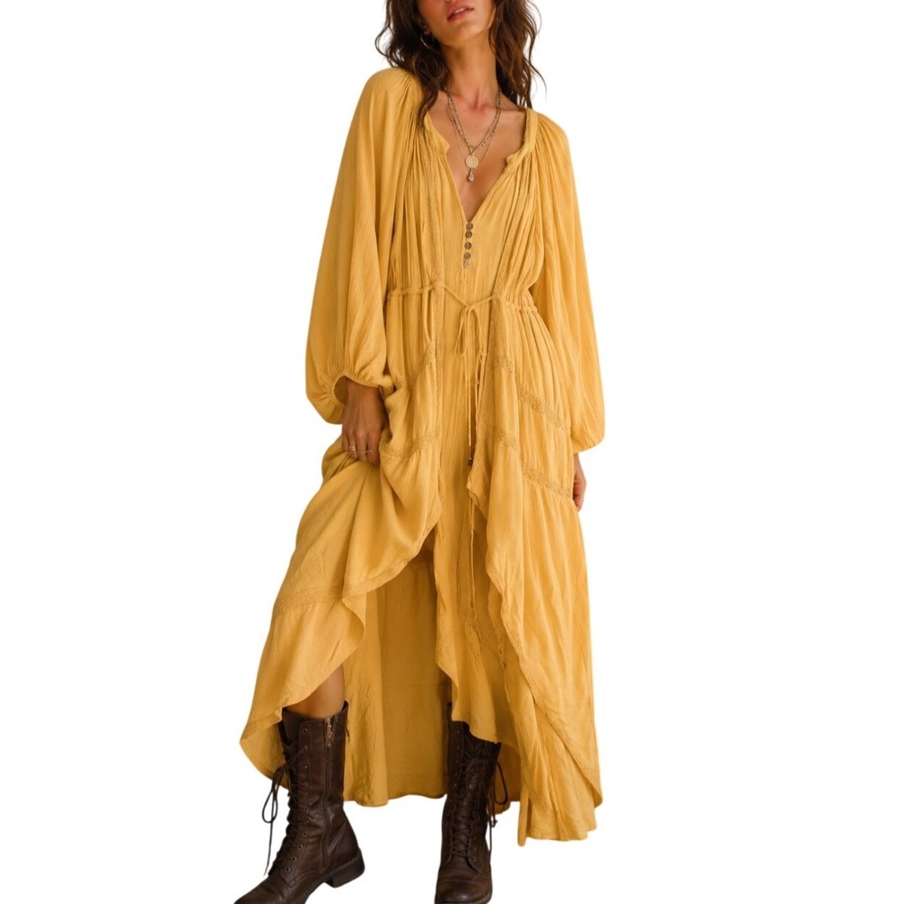 Free People Plenty Of Love Boho Flowy Marigold Yellow Maxi Dress